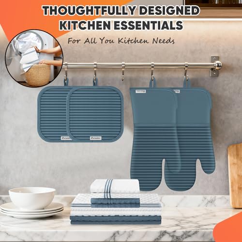 Oven Mitts Kitchen Towels and Dishcloths with Pot Holders Sets (Dusty Blue)