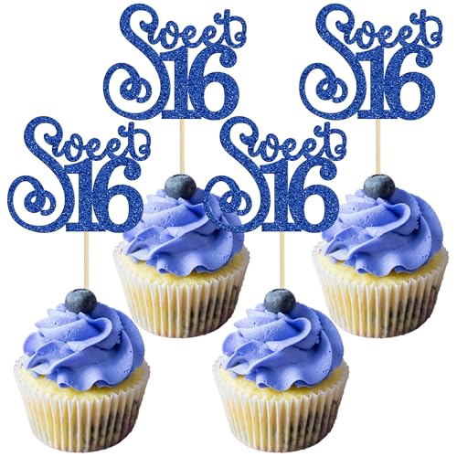 24Pcs Happy 16th Birthday Cupcake Toppers Glitter Hello 16 Sweet 16 Cupcake Picks 2006 Sixteen Old Birthday Cake Decorations for 16th Birthday Anniversary Party Supplies Black