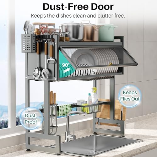 Over the Sink Dish Drying Rack 3 Tier with Dustproof Flip (Gray / 33.4in)