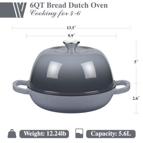 6QT Enameled Cast Iron Dutch Oven for Bread Baking (Grey)