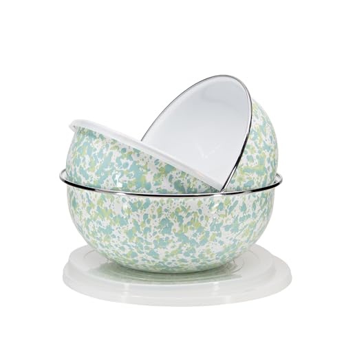 Enamelware Nested Mixing Bowls with Lids (Set of 3 - 3, 3.5 & 4.5 quarts / Jardin Swirl)