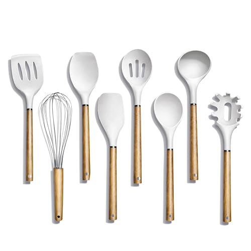 Non Stick Silicone Utensil Set with Rounded Wood Handles for Cooking and Baking (8 Piece Set / White)