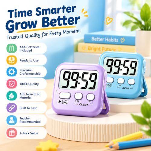 2 Pack Digital Timer for Kids Classroom Kitchen Timers for Cooking (2 * Sky Blue + Lavender Purple)