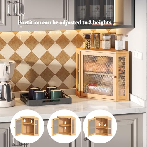 Corner Bread Box Kitchen Countertop Extra Large Capacity Farmhouse Bread Box (Natural / 11.8" x 11.8" x 13.8")