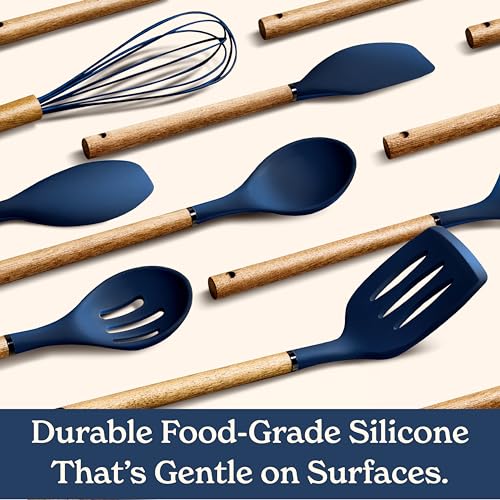 Non Stick Silicone Utensil Set with Rounded Wood Handles for Cooking and Baking (8 Piece Set / Navy)
