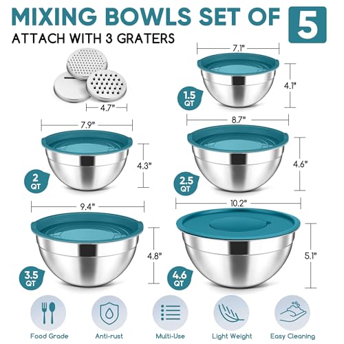 5 Piece Mixing Bowls with Lids (Blue / 4.6, 3.5, 2.5, 2, 1.5QT)