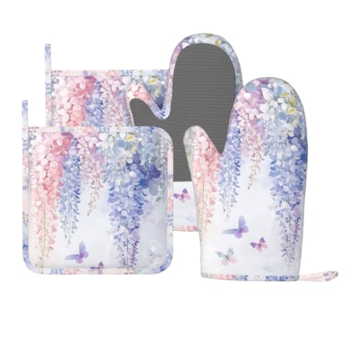 Oven Mitts and Pot Holders Botanical Flower Butterfly Silicone Kitchen Accessories Set of 4 Heat Resistant Long Gloves Potholder Non (A094)
