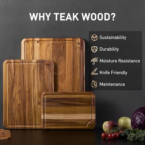 3 Pack Teak Cutting Boards for Kitchen Wood Wooden Cutting Boards Non Toxic (Multi-Size Set | 3 Pack with Holder)