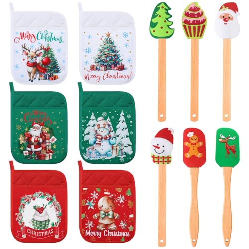 12 Pcs Christmas Silicone Spatulas Pot Holders Set Heat Resistant Pot Holders with Pocket Baking Gifts for Christmas Gift Party Supplies (Vibrant Christmas Style)