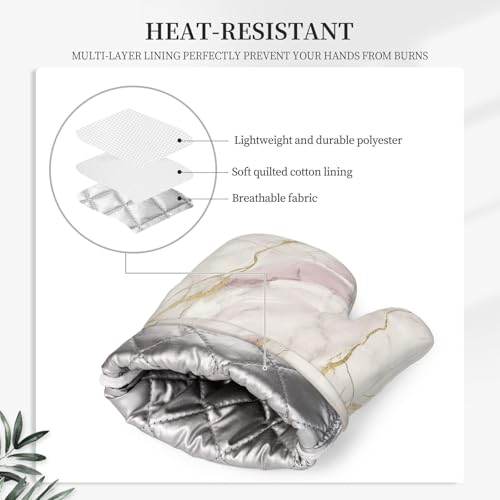 Oven Mitts and Pot Holders Light Pink White Marble Silicone Kitchen Accessories Set of 4 Heat Resistant Long Gloves Potholder Non (A06642)
