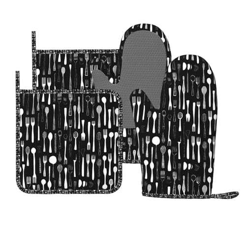 Oven Mitts Pot Holders Set Fork Spoon Pattern Black Silicone Kitchen Gloves Potholders Heat Resistant for Chef Baking Cooking Grilling BBQ 4 Pack Mitt (B0114)