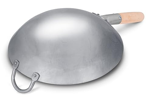 Traditional Hand Hammered Carbon Steel Pow Wok with Wooden and Steel Helper Handle
