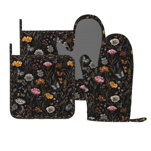 Oven Mitts and Pot Holders Flower Butterfly Boho Botanical Silicone Kitchen Accessories Set of 4 Heat Resistant Long Gloves Potholder Non (A063223)