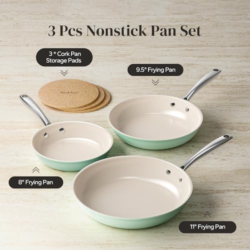 Non Stick Frying Pans Ceramic Skillets Green Egg Pan Set 8 (Mint Green / 8+9.5+11 Inch)