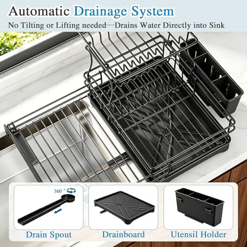 2 Tier Dish Drying Rack (Black / double-tier dish rack 16.7"w X14.8"H 12.8"-20.8"I)