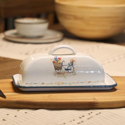 Enamel Butter Dish with Lid Vintage Enamelware Butter Keeper with Flower and Bee Patterns Farmhouse Butter holder Butter container for Kitchen Decor