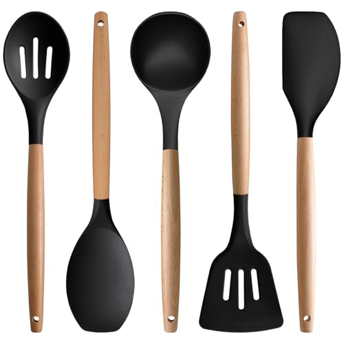 Silicone Cooking Utensils Set of 5 (Standard 5-Piece Set / Black)