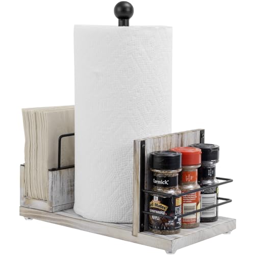 Rustic Burnt Solid Wood and Industrial Matte Black Metal Dining Combination Caddy with Paper Towel Roll Dispenser Stand