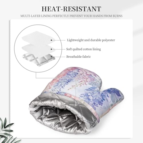 Oven Mitts and Pot Holders Botanical Flower Butterfly Silicone Kitchen Accessories Set of 4 Heat Resistant Long Gloves Potholder Non (A094)