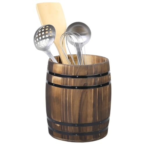 Rustic Wood Wine Barrel Design Kitchen Utensil Crock