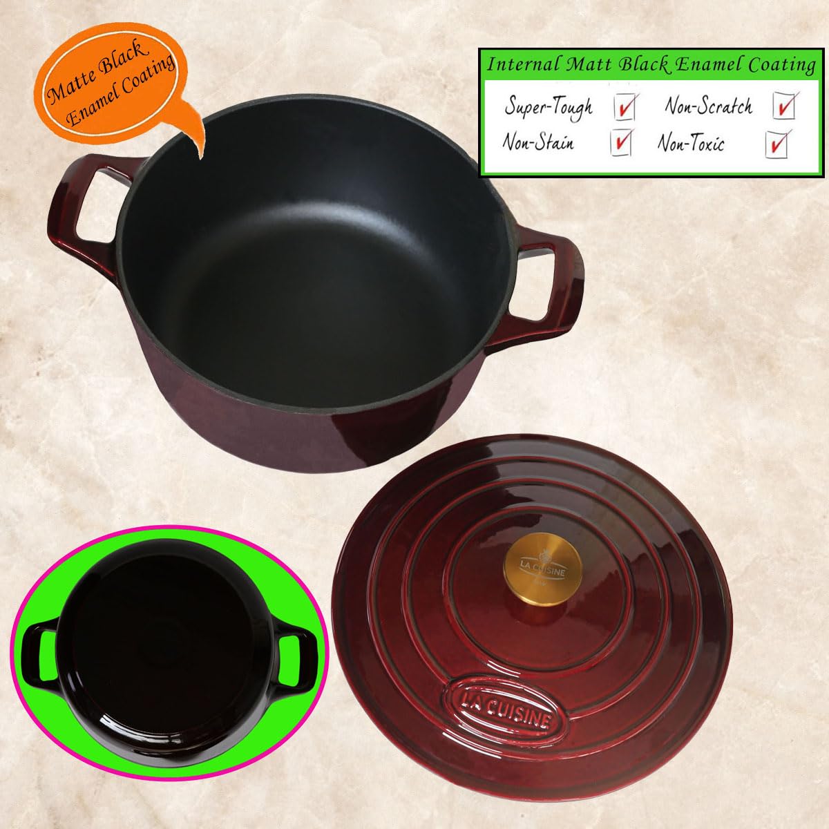 La Cuisine Enameled Cast Iron Dutch Oven Casserole Pot with Golden handle for Lid (5.0 QT Round / Cranberry)
