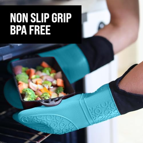 BPA Free Soft Silicone Oven Mitts (Aqua / 2-Piece 14.7" Oven Mitts)