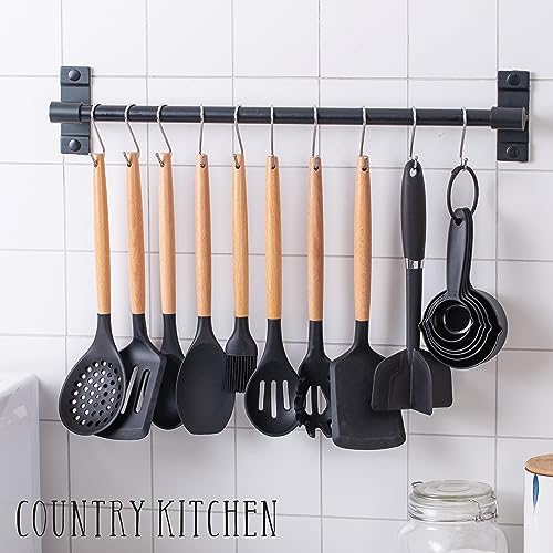 Non Stick Silicone Utensil Set with Rounded Wood Handles for Cooking and Baking (38 Piece Set / Black)