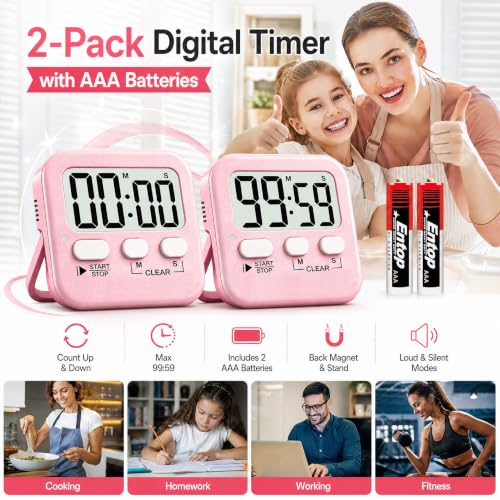 2 Pack Digital Timer for Kids Classroom Kitchen Timers for Cooking (1 * Relaxing Pink)