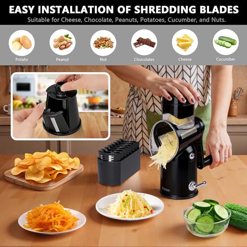 5-in-1 Rotary Cheese Grater Vegetable Slicer with Handle - Upgraded Hand Crank Cheese Grater with Handle and Strong Suction Base, Multi-Purpose Slicer with 5 Blades
