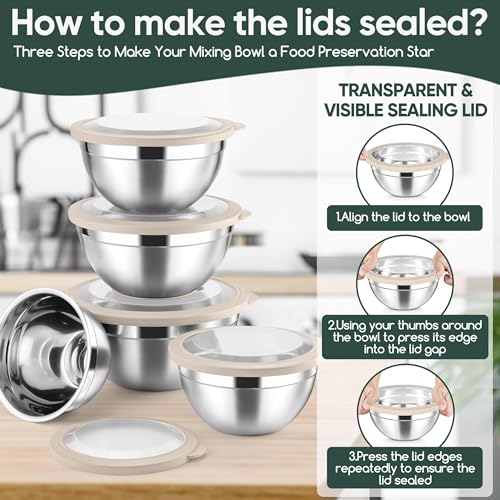 5 Piece Mixing Bowls with Airtight Clear Lids (Khaki / 4.6, 3.5, 2.5, 2, 1.5QT)