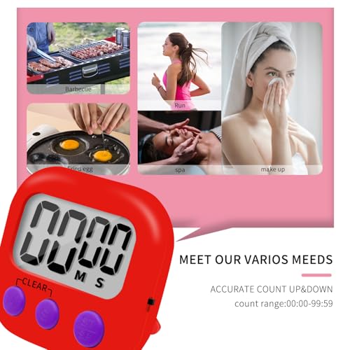 6 Pack Small Digital Kitchen Timer Magnetic Back and ON (Red)