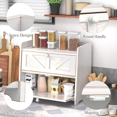 Corner Bread Box for Kitchen Countertop (Vintage White)