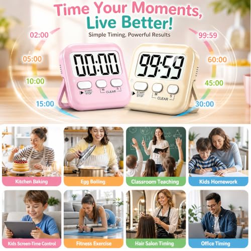 2 Pack Digital Timer for Kids Classroom Kitchen Timers for Cooking (2 * Lovely Pink + Light Peach)