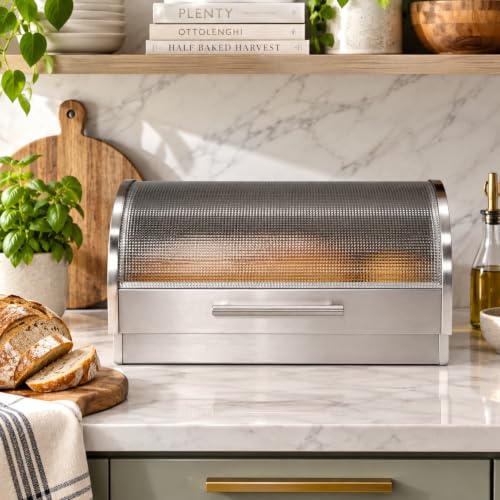 Stainless Steel Roll Top Bread Box for Kitchen Countertop with Tempered Glass Lid (15.25 x 8.25 x 8.25 inches / Roll top with Tempered Glass Lid)
