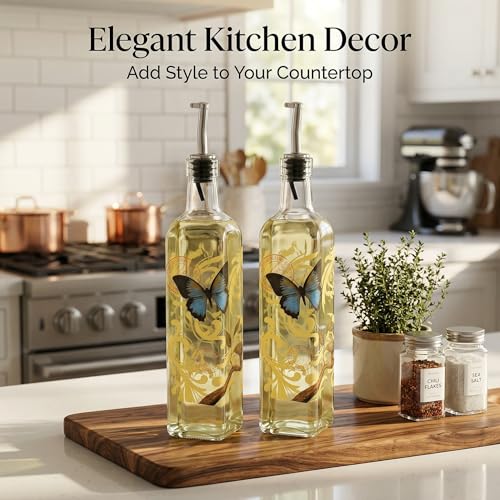 Olive Oil Bottle Set Glass Dispenser Vinegar Cruet with Stainless Steel Leak Proof Pourer Spout 17oz