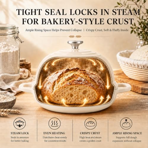 5 Qt Enameled Cast Iron Dutch Oven with Lid for Sourdough Bread Baking (White)