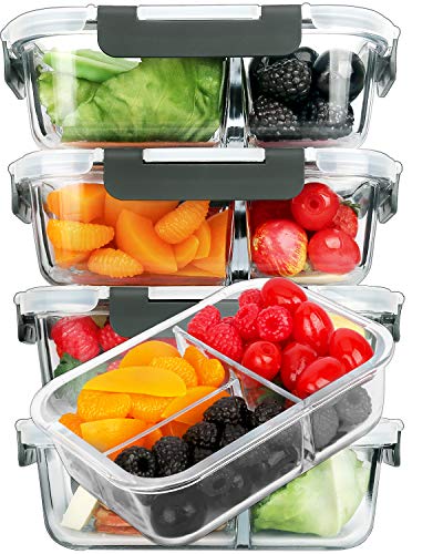 5-Packs, 36 Oz.] Glass Meal Prep Containers (3 Compartments)