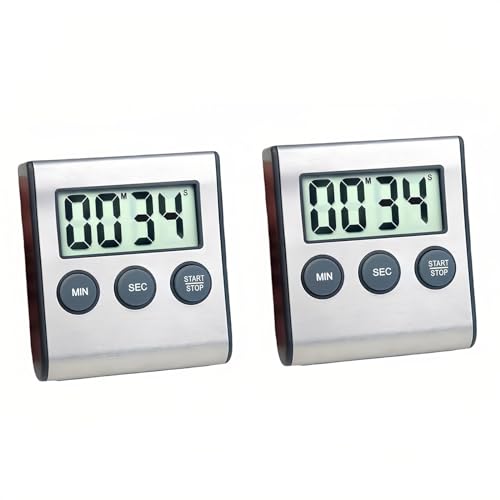2 Pack Digital Kitchen Timer with Magnetic Countdown Loud Alarm Hanging Hole Bracket Stainless Steel Battery Easy to Carry for Cooking Baking Sports (2 Pack)