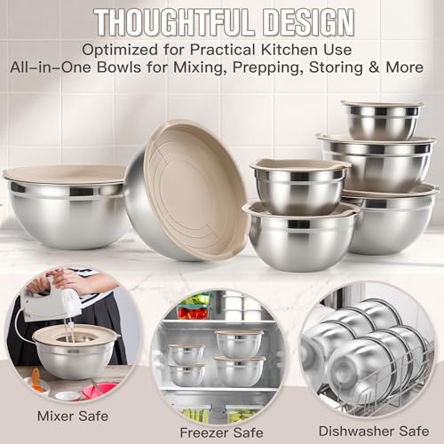 Stainless Steel Mixing Bowls with Lids (Khaki / 7+14 - Bowls & Spoons)