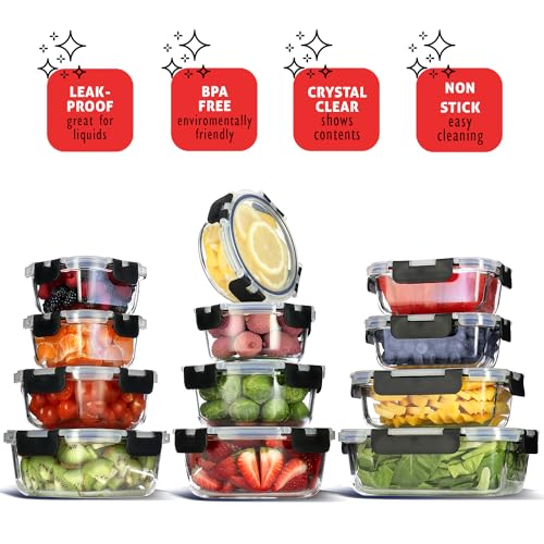 24pc Glass Storage Containers with Lids (Jet Black / 12 Pack)