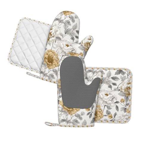 Oven Mitts Pot Holders Set Rustic Flower Peony Floral Silicone Kitchen Gloves Potholders Heat Resistant for Chef Baking Cooking Grilling BBQ 4 Pack Mitt (B0118)