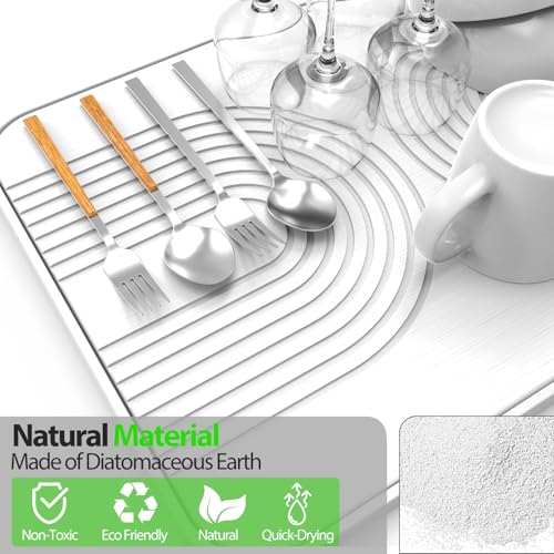 2 PCS Stone Dish Drying Mat ＆ Silicone Mat for Kitchen Counter (White / 16.1" x 12.4")