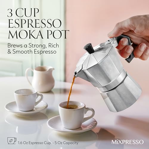 3 Cup Moka Pot Stovetop Espresso Maker (Stainless Steel / 3 Espresso Cups)