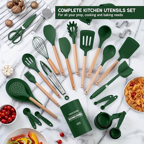 Non Stick Silicone Utensil Set with Rounded Wood Handles for Cooking and Baking (38 Piece Set / Green)