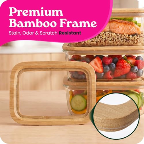 4 Pack Glass Food Storage Containers with Glass Lids & Bamboo Rim (27.05 Fl Oz)