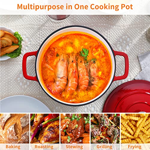 6 QT Enameled Cast Iron Dutch Oven Pot with Lid (Red / 6QT-Round)