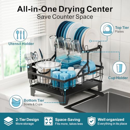 Dish Rack for Kitchen Counter (Black / 2-Tier, 16.9" W)