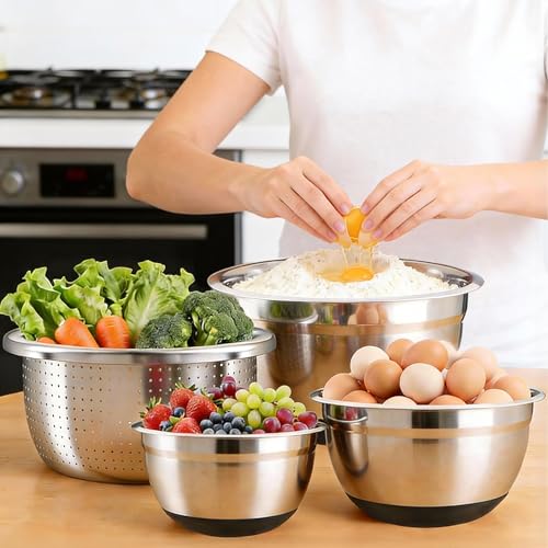 Stainless Steel Mixing Bowls Set with Lids & Silicone Base (Black)