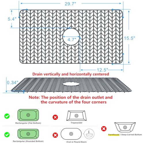 Sink Protectors for Kitchen Sink 30"x16"Center Silicone Sink Mat (30"x16" Center / Gray)
