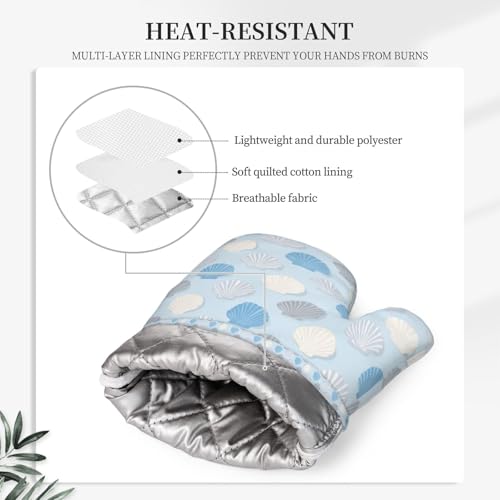 Oven Mitts and Pot Holders Summer Seashell Blue Pastel Silicone Kitchen Accessories Set of 4 Heat Resistant Long Gloves Potholder Non (A063225)
